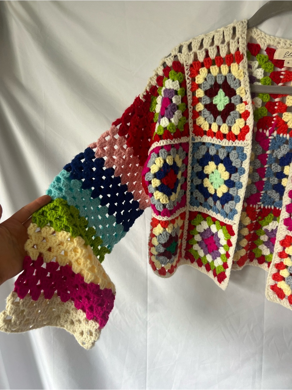 Women’s ELAN Colorful Granny Square Crochet Crop Cardigan - Picture 3 of 4